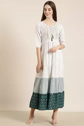 women's ankle length tie-up neck off white floral anarkali kurta