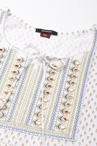women's ankle length tie-up neck off white floral anarkali kurta