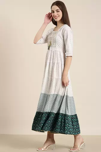 women's ankle length tie-up neck off white floral anarkali kurta