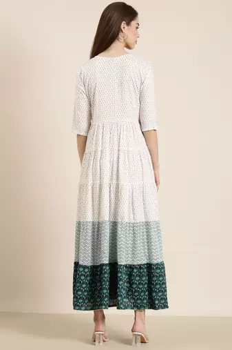 women's ankle length tie-up neck off white floral anarkali kurta