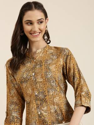 women's calf length mandarin collar mustard abstract a-line kurta 1