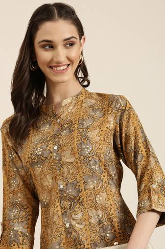 women's calf length mandarin collar mustard abstract a-line kurta