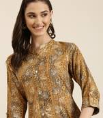 women's calf length mandarin collar mustard abstract a-line kurta