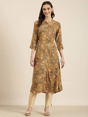 women's calf length mandarin collar mustard abstract a-line kurta 2
