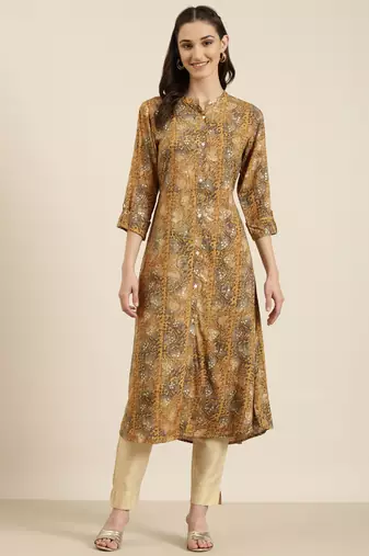women's calf length mandarin collar mustard abstract a-line kurta