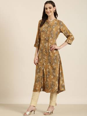 women's calf length mandarin collar mustard abstract a-line kurta 4