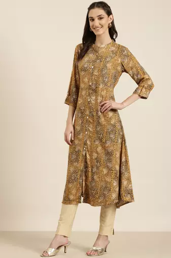 women's calf length mandarin collar mustard abstract a-line kurta