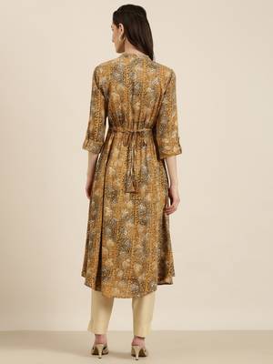 women's calf length mandarin collar mustard abstract a-line kurta 5