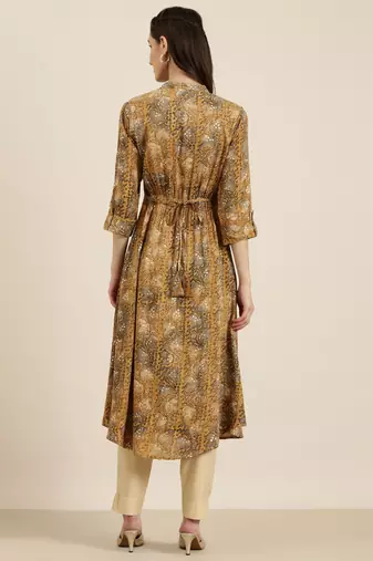 women's calf length mandarin collar mustard abstract a-line kurta