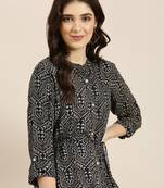women's ankle length mandarin collar navy blue geometric a-line kurta