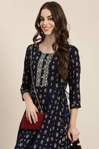 Showoff women's ankle length round neck navy blue floral anarkali kurta