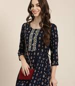 Showoff women's ankle length round neck navy blue floral anarkali kurta