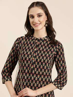women's calf length mandarin collar black floral straight kurta 1