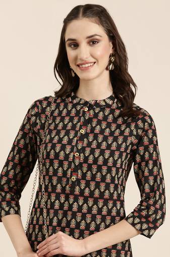 women's calf length mandarin collar black floral straight kurta