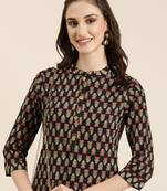 women's calf length mandarin collar black floral straight kurta