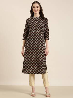 women's calf length mandarin collar black floral straight kurta 2