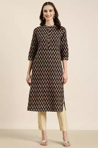 women's calf length mandarin collar black floral straight kurta