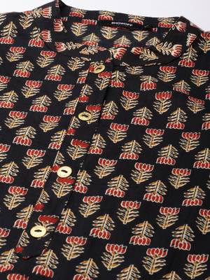 women's calf length mandarin collar black floral straight kurta 3