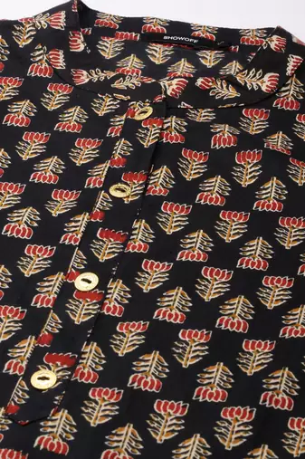 women's calf length mandarin collar black floral straight kurta