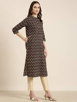 women's calf length mandarin collar black floral straight kurta 4