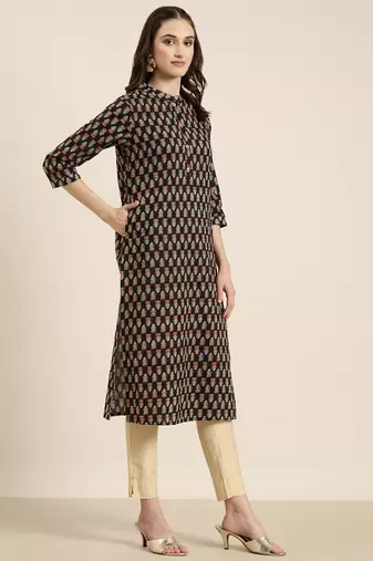 women's calf length mandarin collar black floral straight kurta