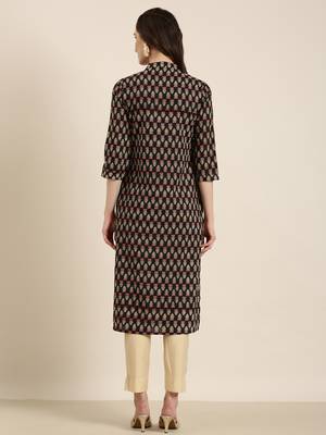 women's calf length mandarin collar black floral straight kurta 5