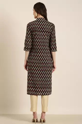 women's calf length mandarin collar black floral straight kurta