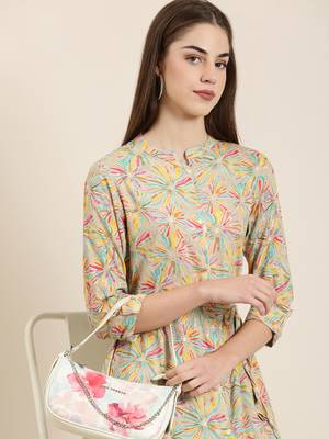 women's calf length mandarin collar beige floral a-line kurta 1