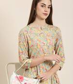 women's calf length mandarin collar beige floral a-line kurta