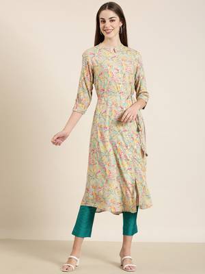 women's calf length mandarin collar beige floral a-line kurta 2