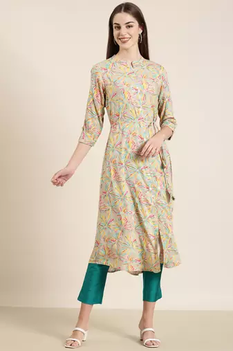 women's calf length mandarin collar beige floral a-line kurta