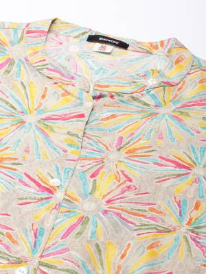 women's calf length mandarin collar beige floral a-line kurta 3