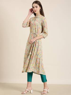 women's calf length mandarin collar beige floral a-line kurta 4