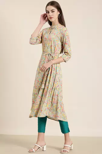 women's calf length mandarin collar beige floral a-line kurta