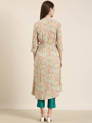 women's calf length mandarin collar beige floral a-line kurta 5