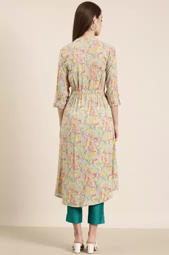 women's calf length mandarin collar beige floral a-line kurta