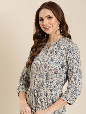 Showoff women's calf length mandarin collar grey floral a-line kurta 1