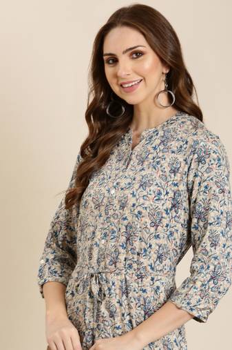 Showoff women's calf length mandarin collar grey floral a-line kurta
