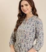 Showoff women's calf length mandarin collar grey floral a-line kurta