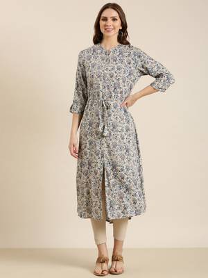 Showoff women's calf length mandarin collar grey floral a-line kurta 2