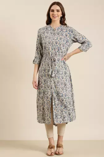 Showoff women's calf length mandarin collar grey floral a-line kurta