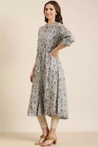 Showoff women's calf length mandarin collar grey floral a-line kurta