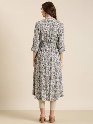 Showoff women's calf length mandarin collar grey floral a-line kurta 4