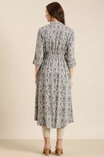 Showoff women's calf length mandarin collar grey floral a-line kurta