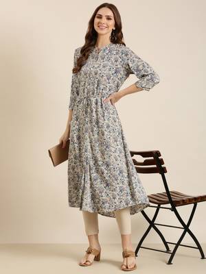 Showoff women's calf length mandarin collar grey floral a-line kurta 5