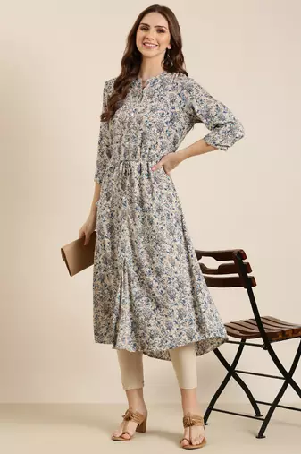 Showoff women's calf length mandarin collar grey floral a-line kurta