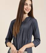 women's calf length mandarin collar grey solid a-line kurta