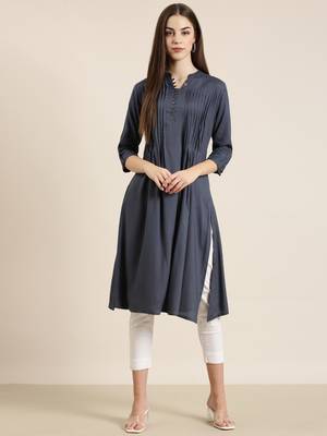 women's calf length mandarin collar grey solid a-line kurta 2