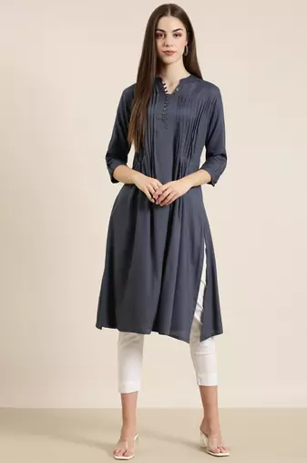 women's calf length mandarin collar grey solid a-line kurta