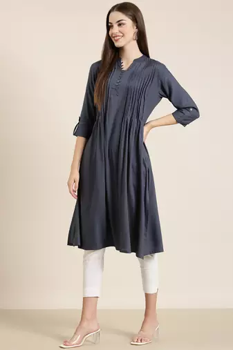 women's calf length mandarin collar grey solid a-line kurta